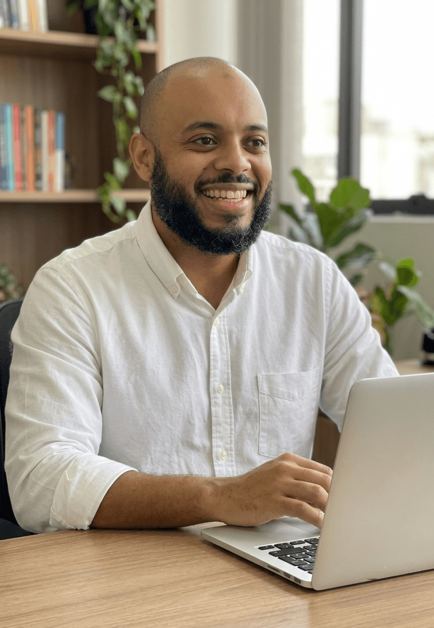 Faisal Abdi working at his desk